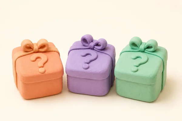 Trois boîtes surprises colorées de style pâte à modeler, annonçant de prochains bons plans